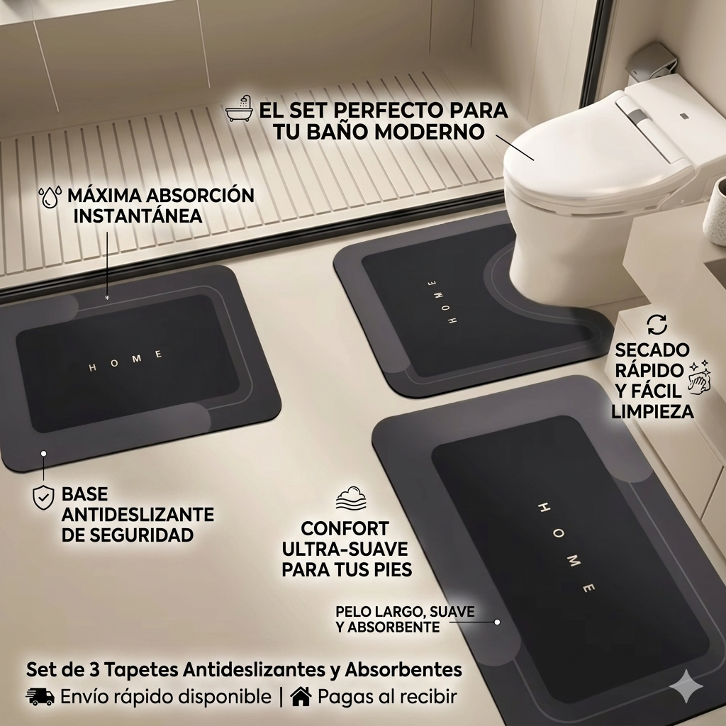Set X 3 Tapetes Antideslizantes y Absorbentes para Baño