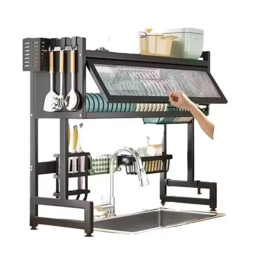 Organizador Con Tapa Escurridor Platos  65 cm Acero Inoxidable Negro