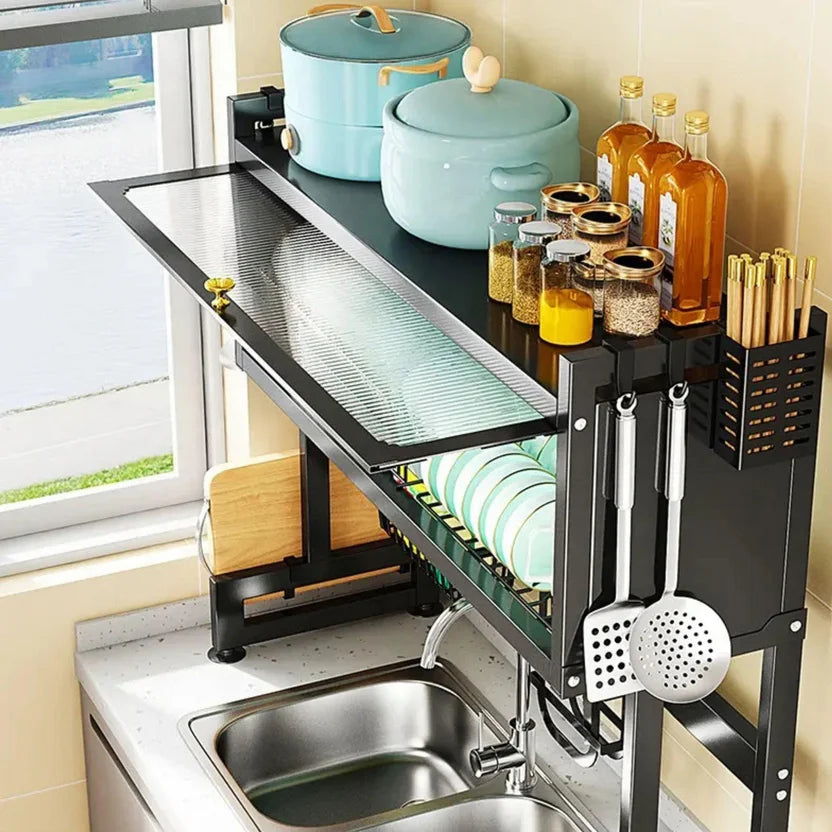 Organizador Con Tapa Escurridor Platos  65 cm Acero Inoxidable Negro